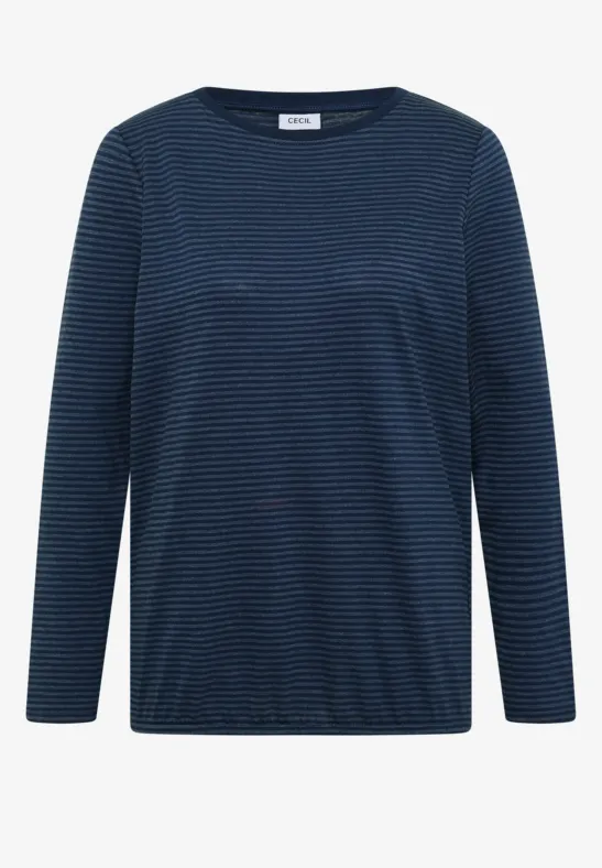 Navyblaues Langarmshirt mit feinen dunklen Streifen.