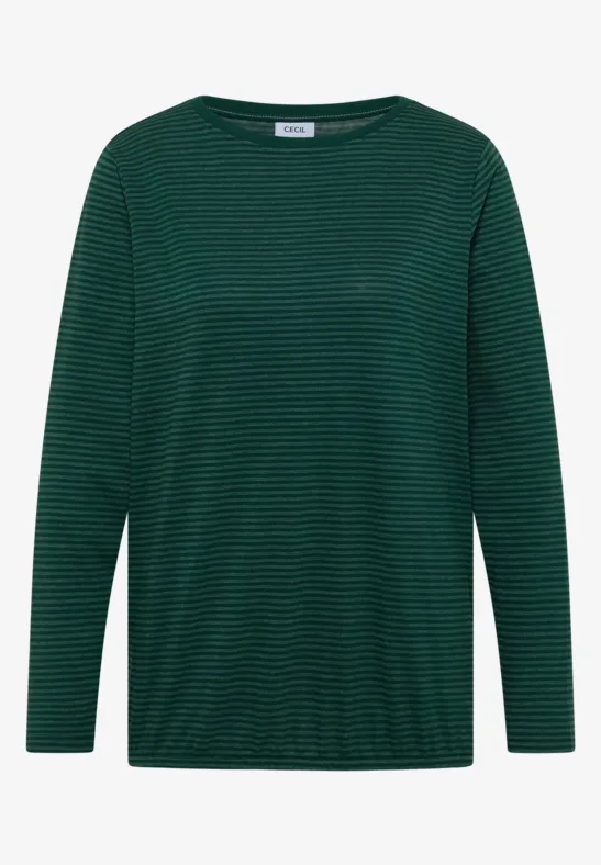 Grün gestreiftes Langarmshirt mit feinen Streifen und Rundhalsausschnitt.