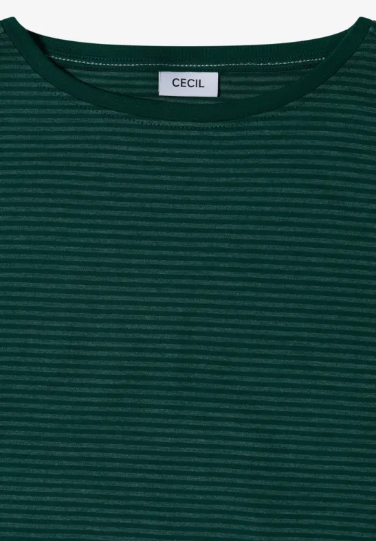Dunkelgrünes, fein gestreiftes Kurzarm-Shirt mit Rundhalsausschnitt von CECIL.