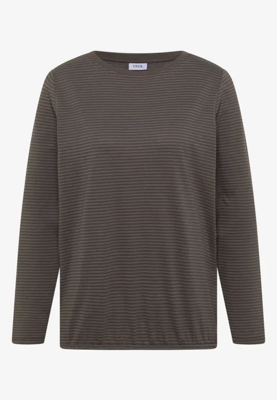 Dunkles, langärmliges Shirt mit feinen horizontalen Streifen.