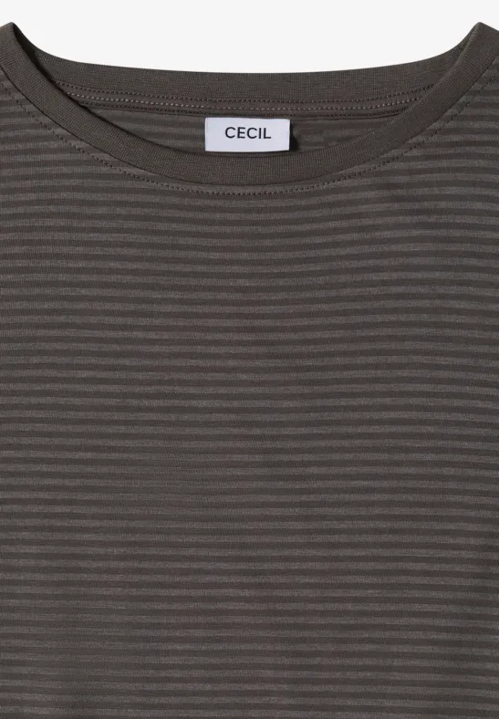 Dunkelgrünes, gestreiftes Langarmshirt mit Rundhalsausschnitt und Markenlabel 'CECIL'.