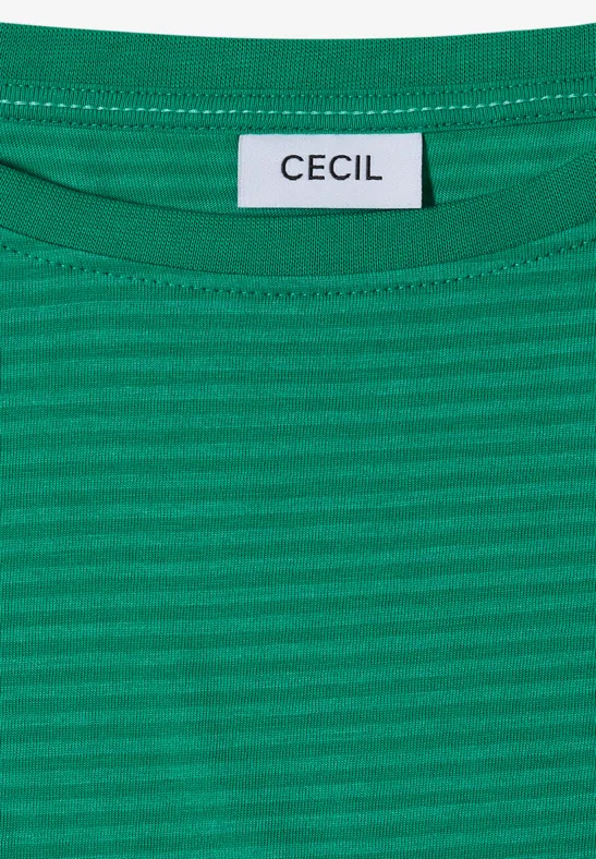 Grünes gestreiftes Shirt mit CECIL-Etikett am Kragen.