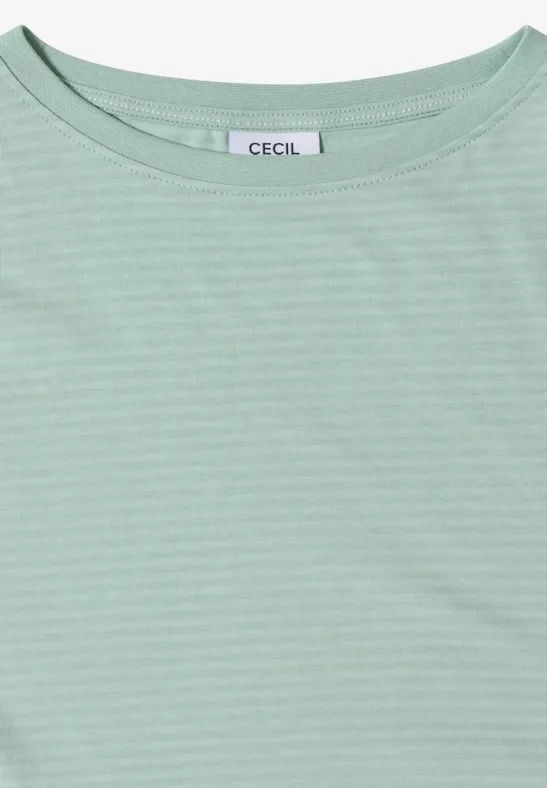 Hellgrünes gestreiftes T-Shirt mit Rundhalsausschnitt und Markenlabel "CECIL" am Nacken.