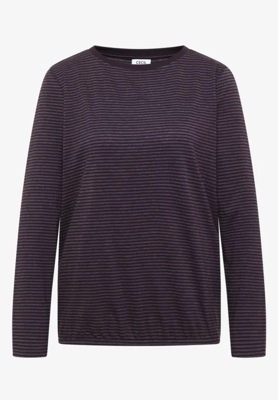 Dunkelblaues Langarmshirt mit feinen weißen Querstreifen und Rundhalsausschnitt.