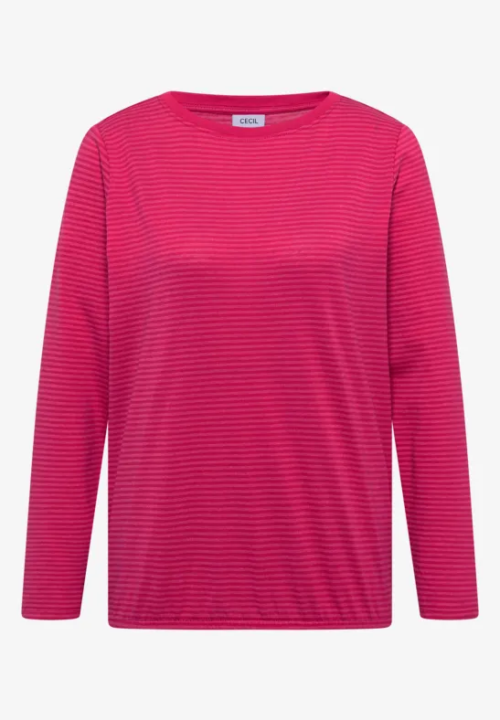 Langärmeliges, pinkes Shirt mit feinen horizontalen Streifen und Rundhalsausschnitt.