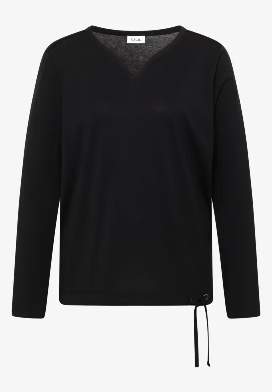 Schwarzes Langarmshirt mit V-Ausschnitt und seitlicher Kordel am Saum.