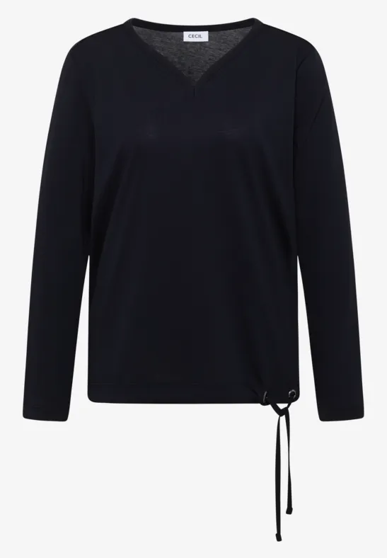 Schwarzes Langarmshirt mit V-Ausschnitt und seitlicher Kordel.