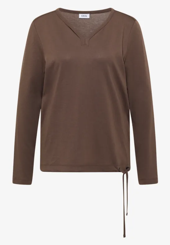 Braunes, langärmliges Shirt mit V-Ausschnitt und raffiniertem Seitentunnelzug.