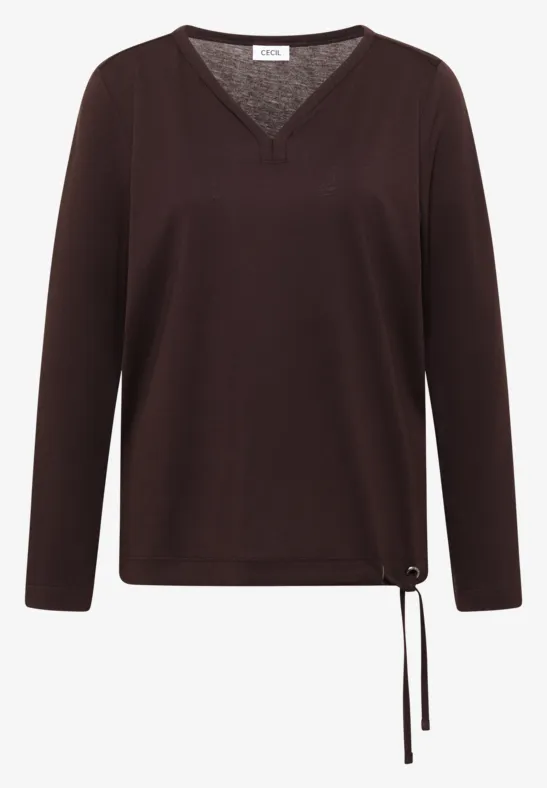 Brauner Pullover mit V-Ausschnitt, langen Ärmeln und seitlichem Kordelzug.