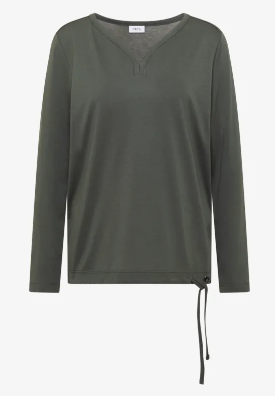 Olivgrünes Langarmshirt mit V-Ausschnitt und seitlichem Kordelzug.