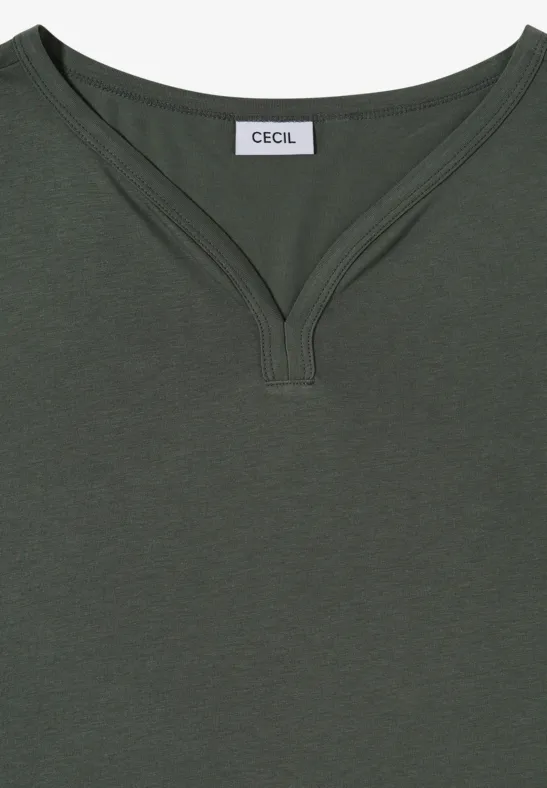 Dunkelgrünes Kurzarmshirt mit V-Ausschnitt und Nahtdetail, Marke Cecil