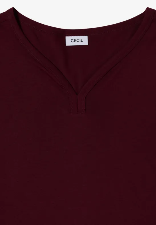 Bordeauxfarbenes Kurzarmshirt mit V-Ausschnitt