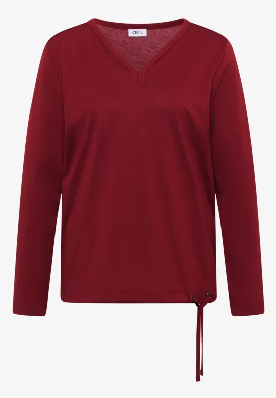 Rotes Langarmshirt mit V-Ausschnitt und Kordelzug am Saum.