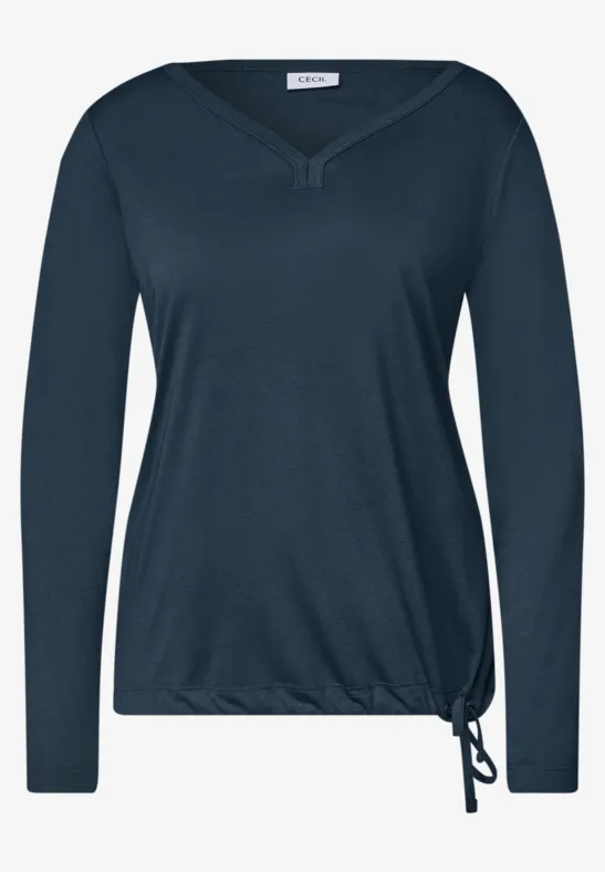 Dunkelblaues Damenshirt mit langen Ärmeln, V-Ausschnitt und seitlicher Schnürung am Saum.