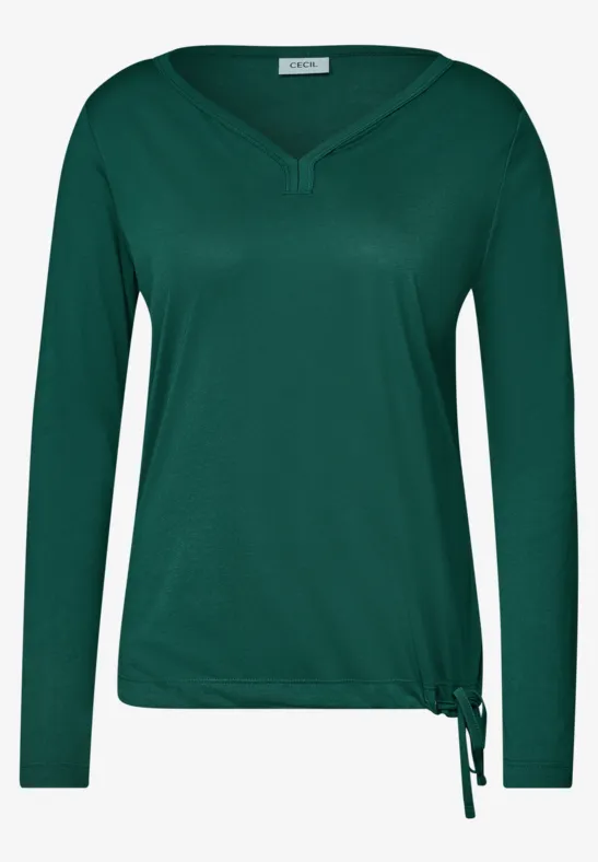Donker groen damesshirt met V-hals, lange mouwen en zijstrik.