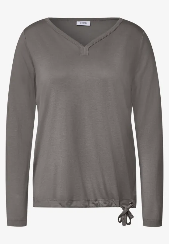 Graues Damenlangarmshirt mit V-Ausschnitt und seitlicher Schnürung am Saum.