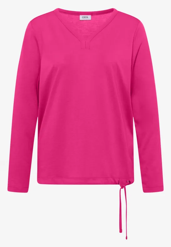 Helles pinkes Langarmshirt mit V-Ausschnitt und Kordelzug am Saum.