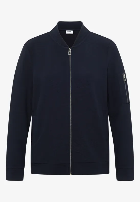 Dunkelblaue Bomberjacke mit Reißverschluss, Seitentaschen und Ärmeltasche, zeitloser Schnitt.