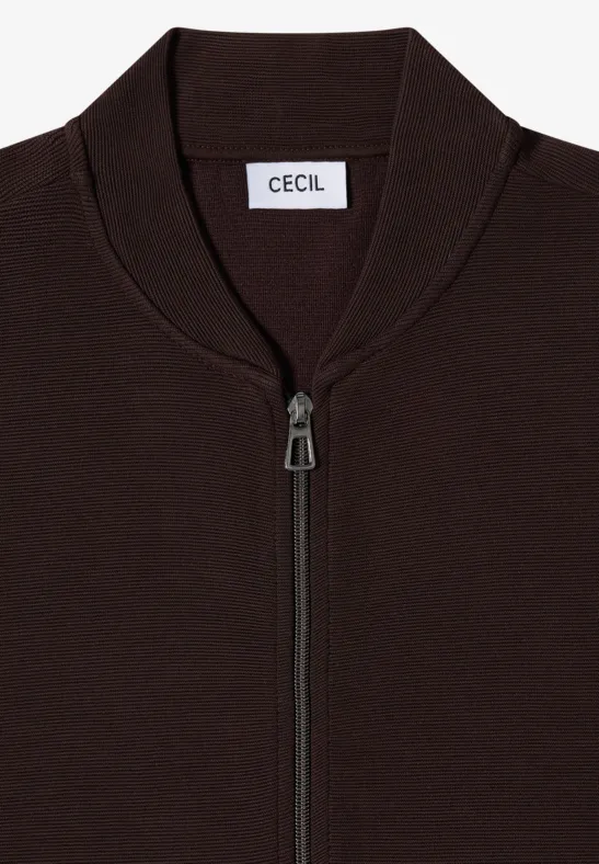 Dunkelbraune Bomberjacke mit Stehkragen, Frontreißverschluss und Markenlabel 'CECIL'.