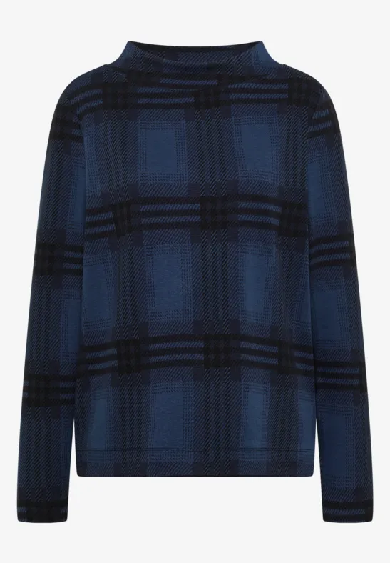 Blauer Pullover mit dunklem Karomuster und Rundhalsausschnitt