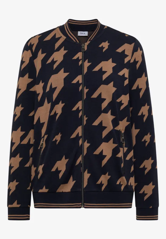 Schwarze Bomberjacke mit braunem Hahnentrittmuster, durchgehendem Reißverschluss und elastischen Bündchen.
