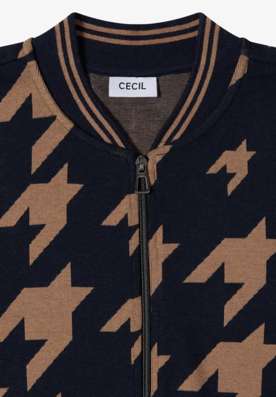 Marine-beige Strickjacke von CECIL im Hahnentritt-Muster mit Reißverschluss