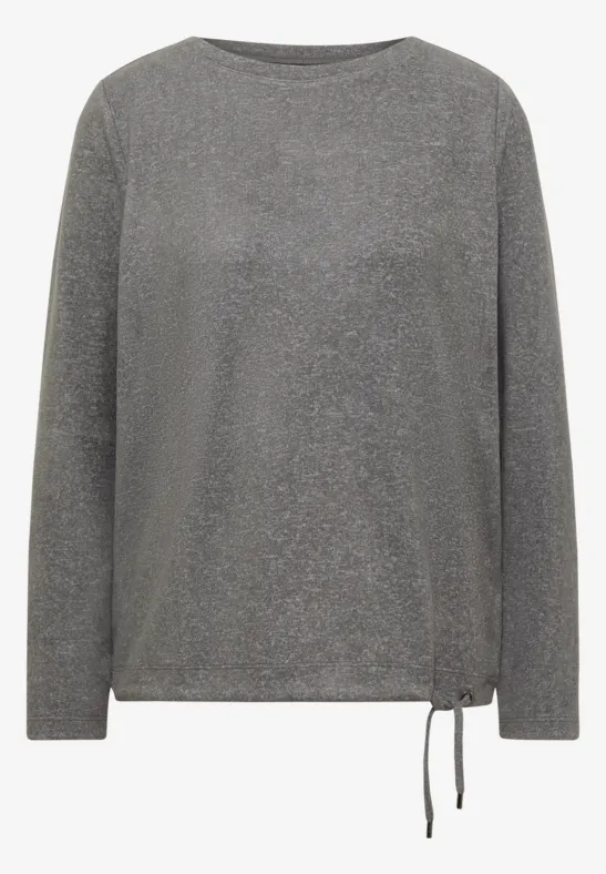 Graues, glitzerndes Langarmshirt mit Rundhalsausschnitt und seitlicher Bindeschnur am Saum.