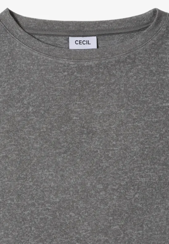 Graues meliertes T-Shirt mit Rundhalsausschnitt und Etikett 'CECIL'.
