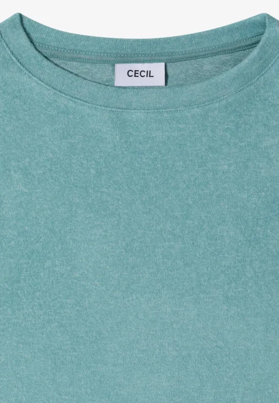 Schlichtes, mintgrünes T-Shirt mit Rundhalsausschnitt und CECIL-Label im Nacken.