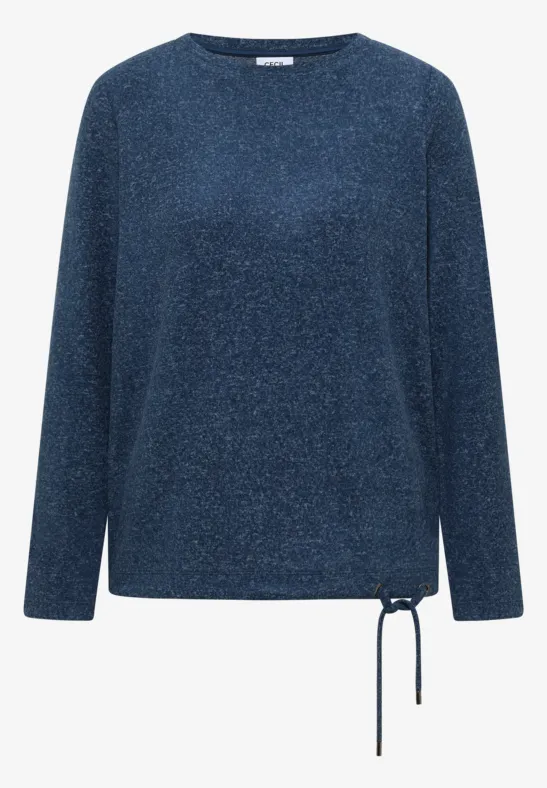 Blauer Pullover mit langen Ärmeln und seitlicher Schnürung am Saum