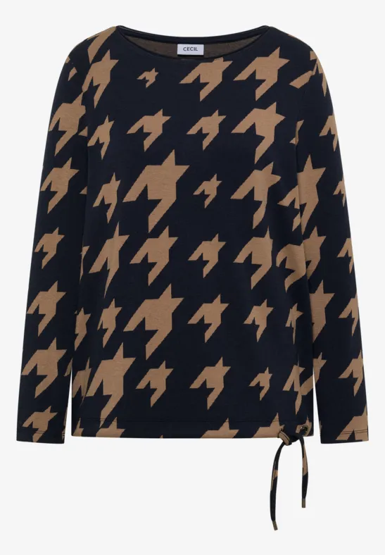 Dunkelblaues Langarmshirt mit beigem Hahnentritt-Muster und seitlicher Kordel am Saum