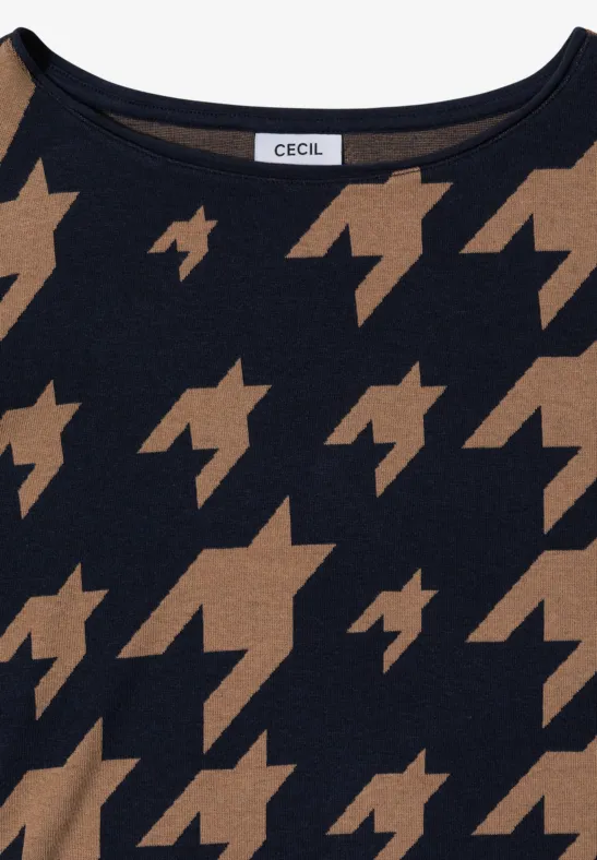 Schwarzer Pullover mit braunem Hahnentrittmuster und rundem Ausschnitt, Markenlabel 'CECIL'.