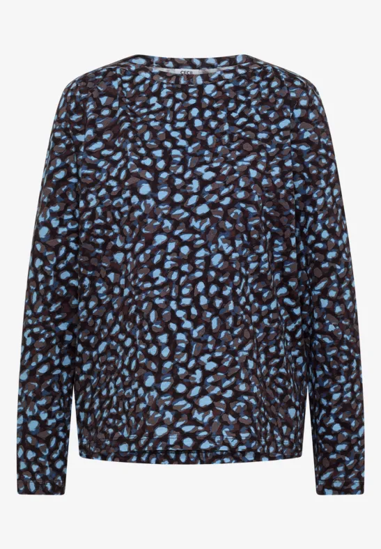 Pull noir à motif de feuilles bleues, manches longues et col rond.