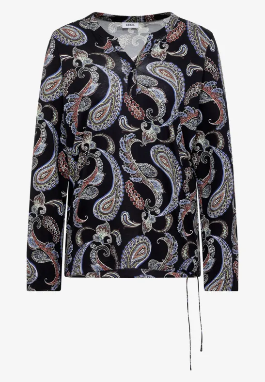 Schwarze, langärmlige Bluse mit buntem Paisley-Muster und Taillenschnürung.