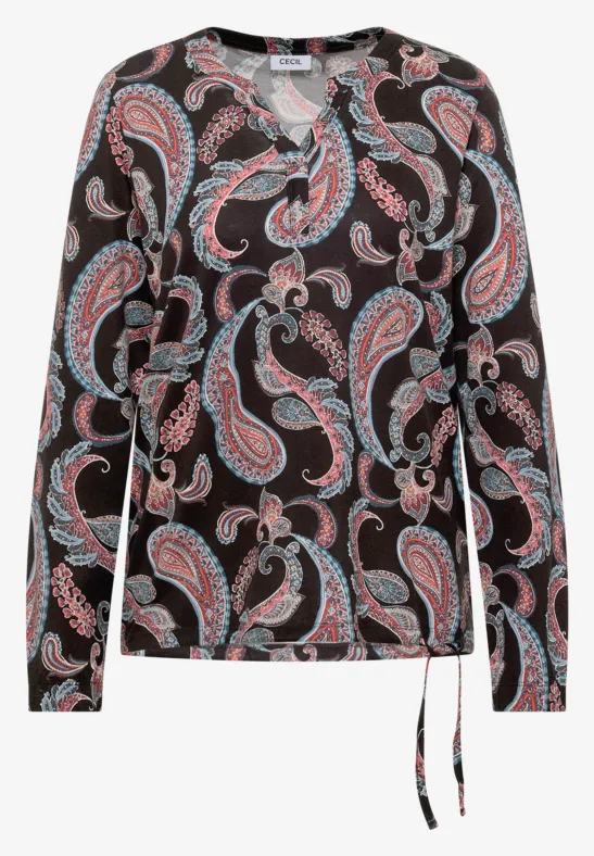 Dunkle Langarmbluse mit buntem Paisley-Muster, V-Ausschnitt mit kurzer Knopfleiste und Taillenschnürung