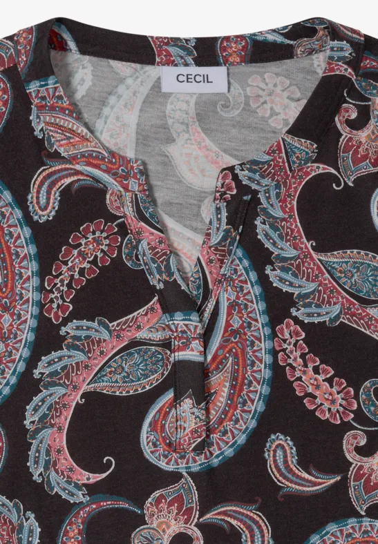 Schwarzes Damenoberteil mit V-Ausschnitt und buntem Paisley-Muster von CECIL.