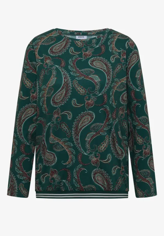 Grünes Langarmshirt mit Paisley-Muster.