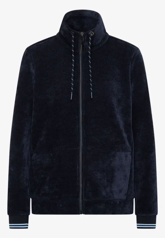 Dunkelblauer, kuscheliger Fleece-Zip-Pullover mit Stehkragen, Kordelzug und gestreiften Bündchen