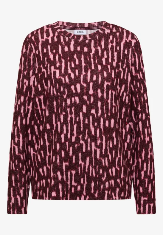 Damenpullover mit rundem Ausschnitt, langärmelig, dunkelrot-rosa abstraktes Fleckenmuster.