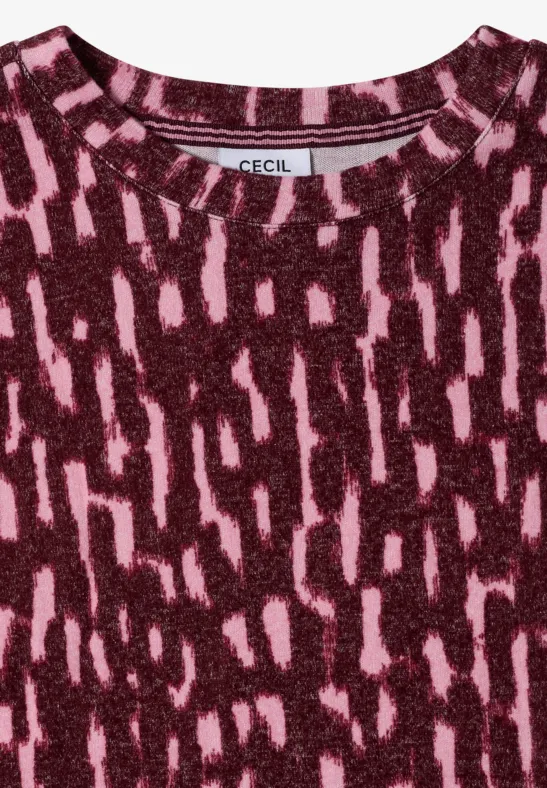 Dunkelrotes Strickshirt mit rosa abstraktem Muster und rundem Ausschnitt von Cecil.