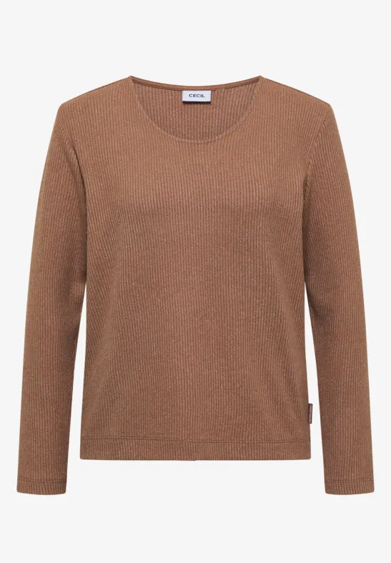Brauner Langarm-Pullover mit Rundhalsausschnitt und feinem, schimmerndem Strick.