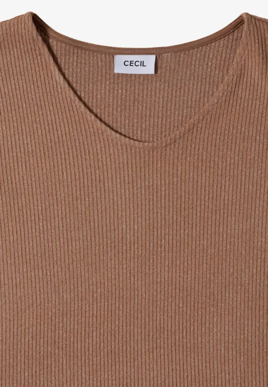 Braunes, geripptes V-Ausschnitt-Shirt der Marke Cecil.