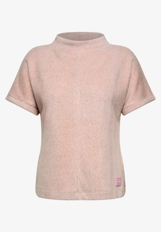 Rosa kurzärmliges, locker geschnittenes Damen-Sweatshirt mit Stehkragen und weichem Stoff.