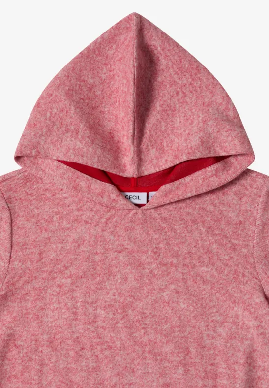 Roter Kapuzenpullover aus meliertem Strickstoff.