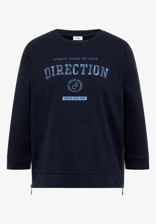Dunkelblauer Langarm-Sweatshirt mit hellblauem 'DIRECTION'-Schriftzug und seitlichen Reißverschlüssen.