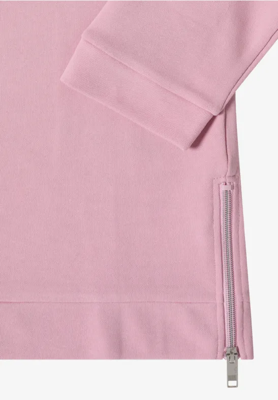 Rosa Sweatshirt mit langen Ärmeln und seitlichem Reißverschlussdetail am Saum.