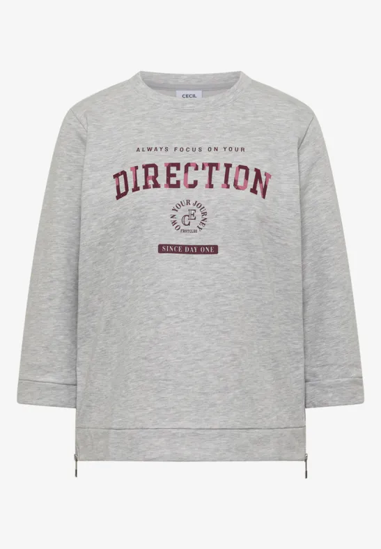Graues Sweatshirt mit rotem 'DIRECTION'-Print, Rundhalsausschnitt und seitlichen Saum-Reißverschlüssen.
