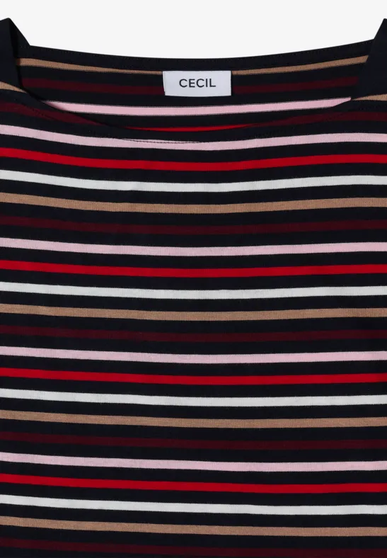 T-shirt à manches longues rayé noir, rouge, beige et blanc, col rond et étiquette de marque