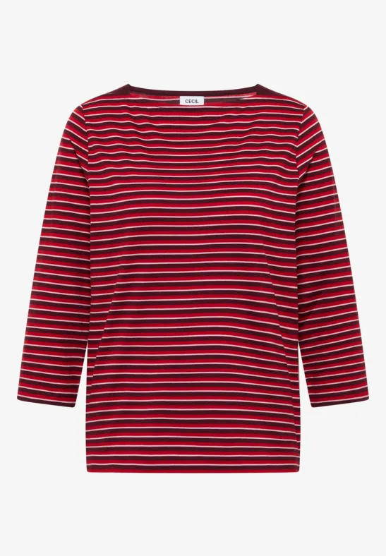 T-shirt rouge à manches longues avec rayures horizontales noires et encolure ronde.