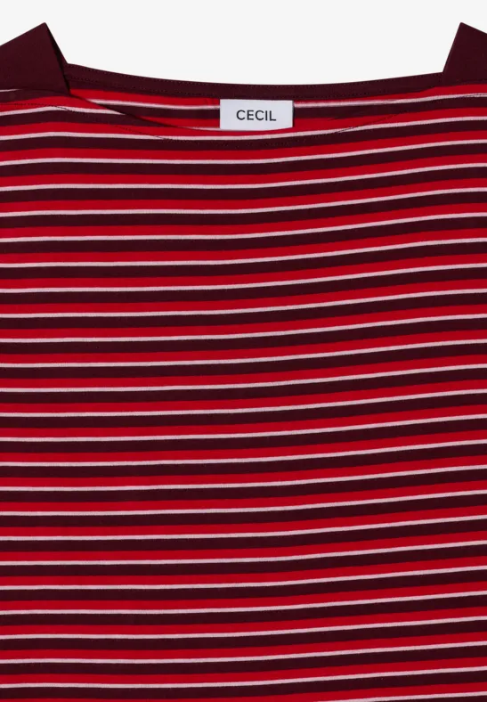 T-shirt rouge à manches courtes à rayures blanches et bleu foncé, col rond, étiquette de marque CECIL à l'encolure.